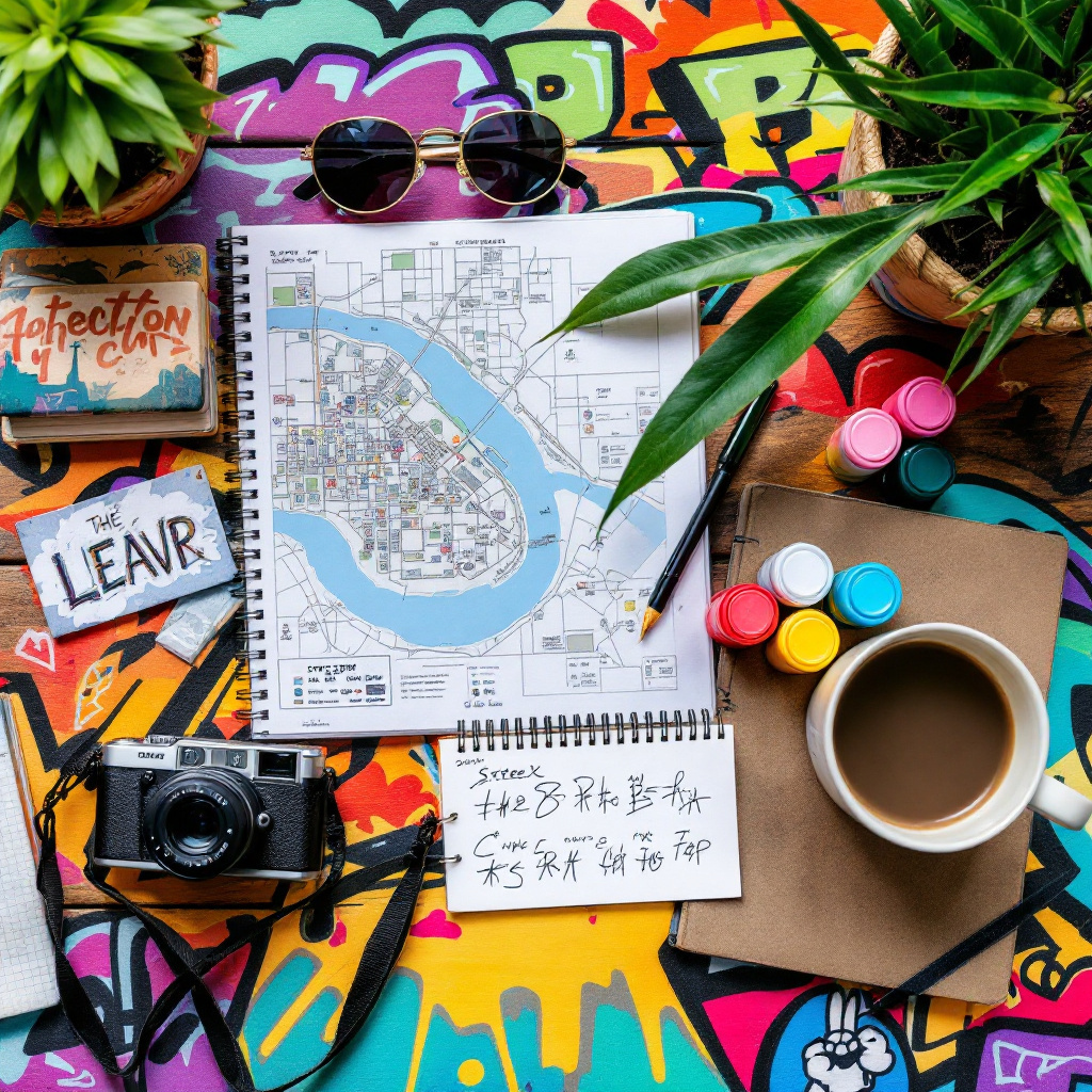 Vorbereitung um eine Street Art Tour selbst zu planen mit Stadtkarte, Kamera und Murals im Hintergrund