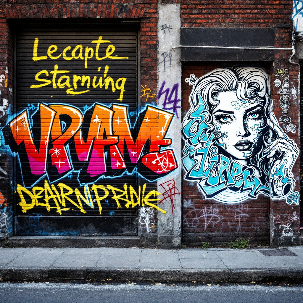 Wand zeigt den Unterschied Street Art und Graffiti mit Buchstaben und Stencil-Motiv