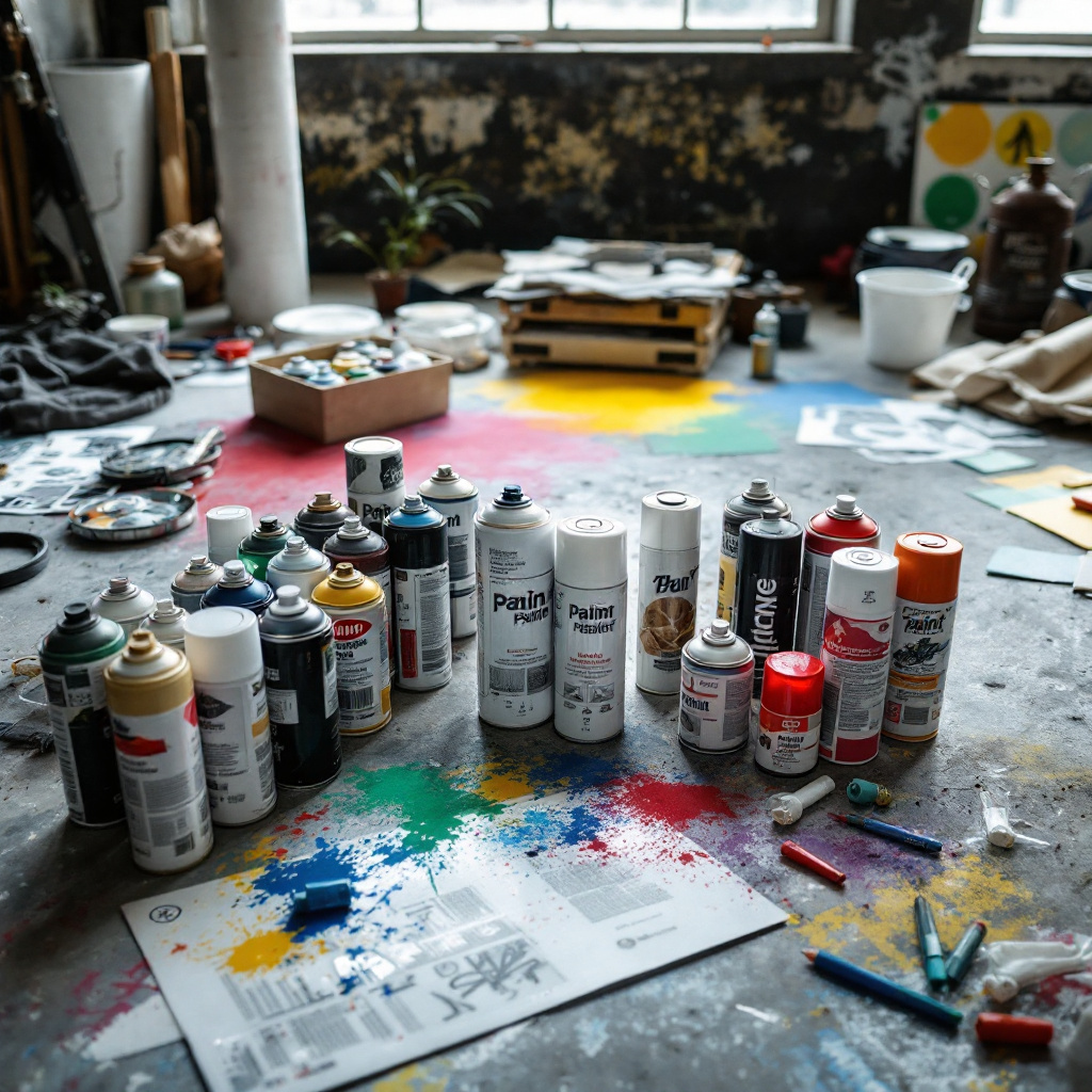 Verschiedene Sprühdosen für Street Art mit Kappen auf einem Werkstatttisch angeordnet